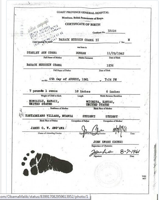 Barack Hussein Obama - birth certificate